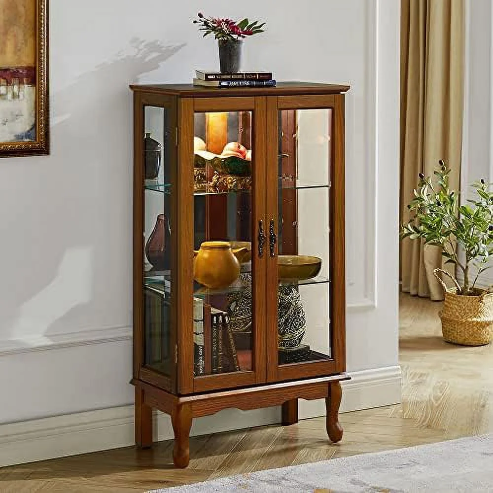 KHBIULIFE 3- Lighted Curio Glass Display Case with 2 Doors Wooden Shelving Unit Cabinet with Adjustable Shelves and Mirrored Back Panel for Living Room Office Bedroom (Oak - Bulbs not Inc