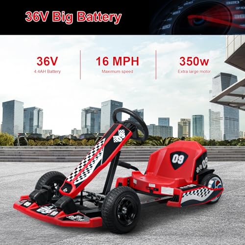 Electric Go Kart, 36V Drift Car for Kids, 16 MPH With 350W Motor, Drift/Sport Mode, Length Adjustment Outdoor Ride On, Ages 8-16 US Plug