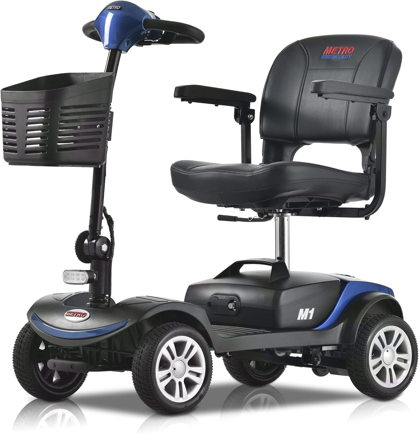 Metro Mobility Compact Travel Electric Powered Mobility Scooter for Adults and Seniors - 300 lbs Max Weight, Foldable, Lightweight, 4 Wheel, Thick Leather Seat, Large Capacity Lead-Acid Battery-Yellow