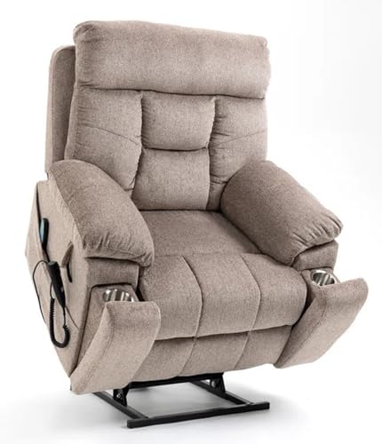 Light Grey Recliner Chair for Elderly | Tall and Big Man 400lbs | Chenille | Power Lift, Lay Flat, Stand Up, Wireless Charging Device, Extended Footrest, Massage Heat, Cup Holder, Lumbar Pillow