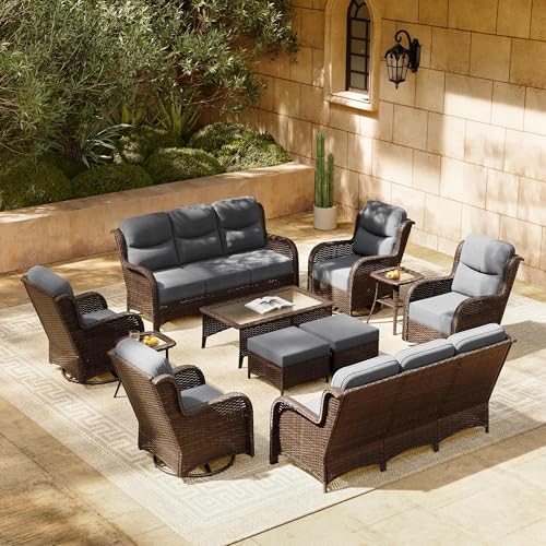 Luxury Patio Furniture Set with 6-inch Thick Cushion, Outdoor Couch and High Back Swivel Rocker Patio Chairs, 7PCS Wicker Conversation Set for Deck, Yard, and Poolside in Blue (V2)