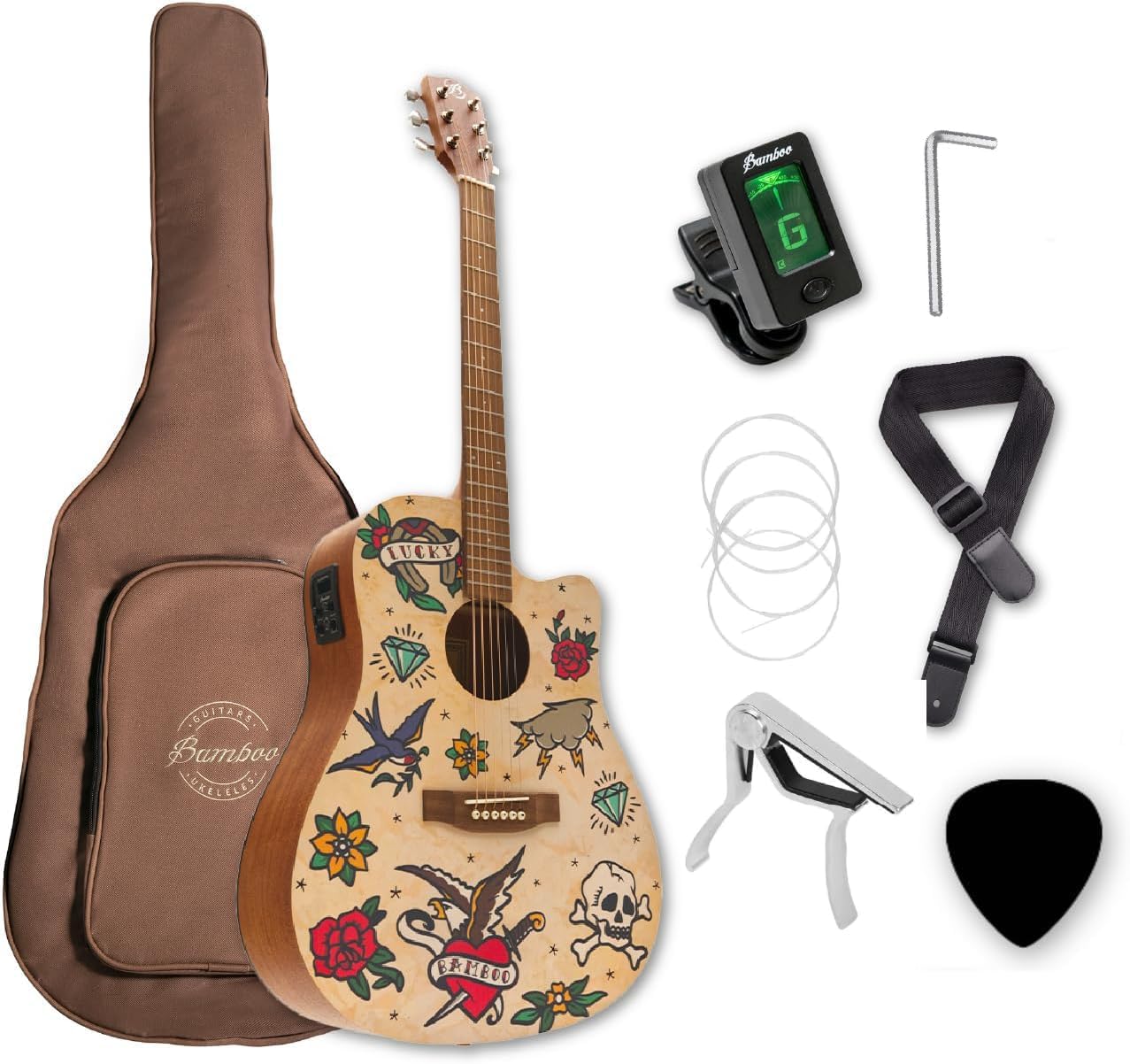 Bamboo 41" Acoustic Electric Guitar. Beginner for Adults and Teens with Gig Bag, Pick, Tuner, Strings, Capo, Strap and Truss Rod Key. Design Old School model.