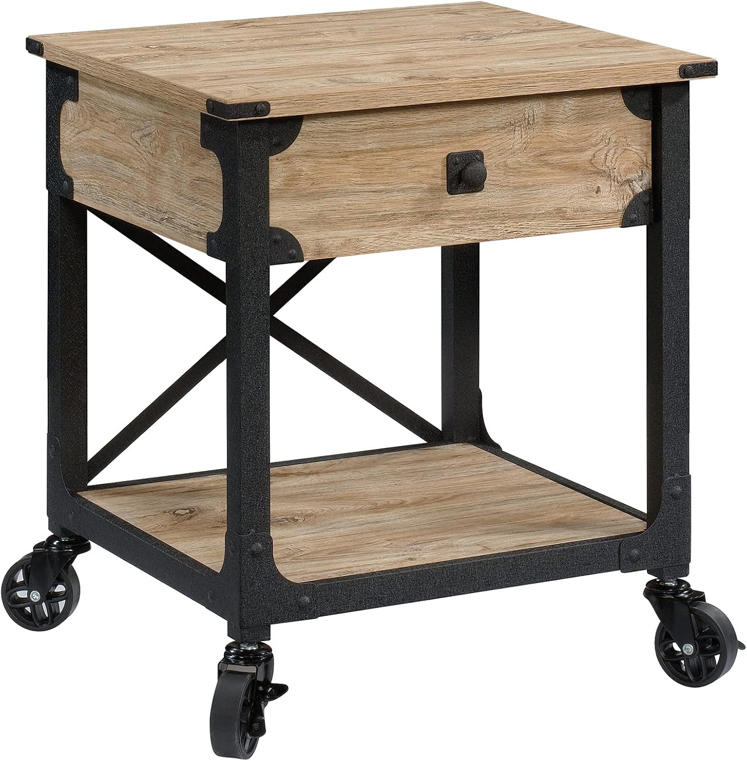 Sauder Steel River Side Table, L: 22.44 x W: 21.65 x H: 23.11, Carbon Oak Finish