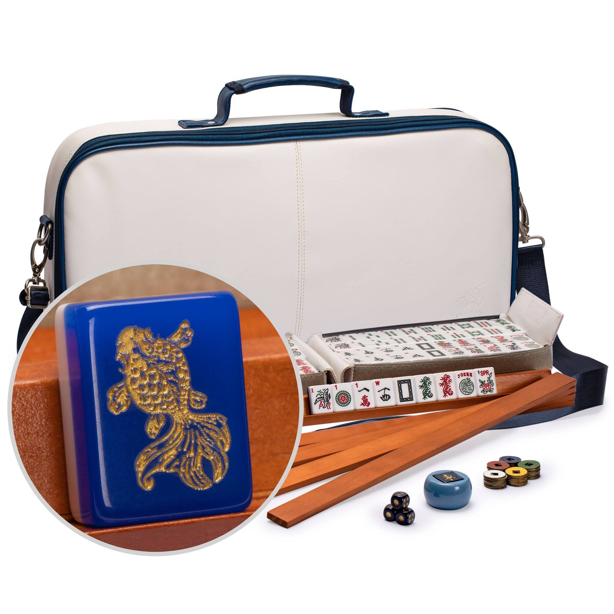 Yellow Mountain Imports American Mahjong Set with 166 Tiles Adorned with Koi Fish Motif, Leatherette Case, Racks with Pushers, B