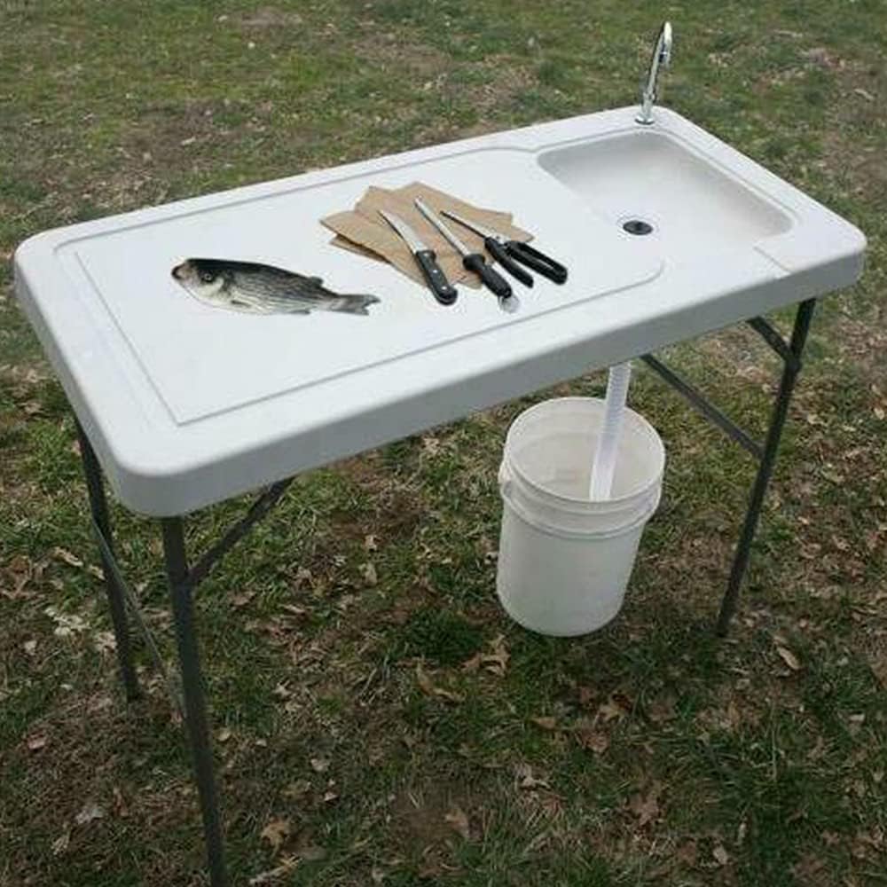 PMSW FCT01 Fishing Cleaning Table with Sink, Portable Folding Camping Sink Table Fish Fillet Table with Sink Faucet for Picnic Camping Gardening Kitchen, White