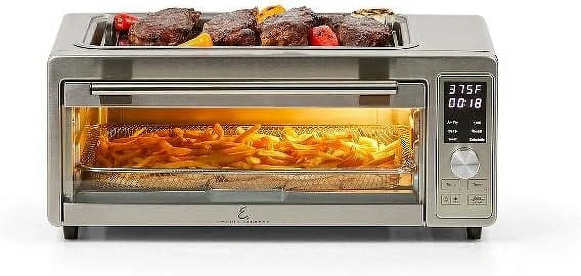 Emeril Power Grill 360, 6-In-1 Countertop Convection Toaster Oven With Top Indoor Grill, Air Fry, Roast, Toast, Bake, Dehydrate, Glass Lid, Stainless Steel