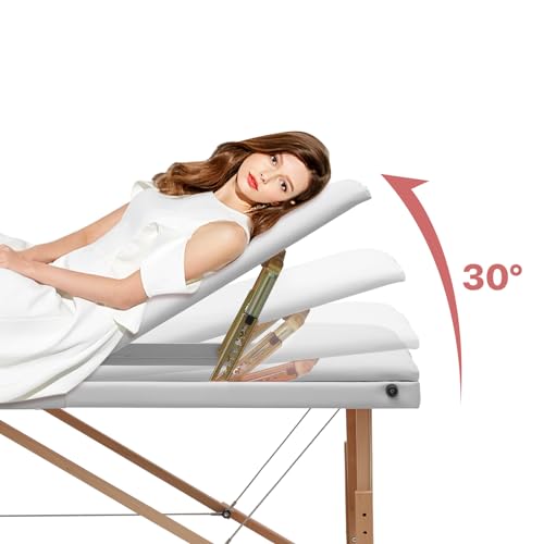 MoNiBloom Massage Table 3 Fold Portable Massage Table 82" Massage Bed Height Adjustable SPA Bed w/Carry Case Beechwood Frame Foldable Massage Table, White