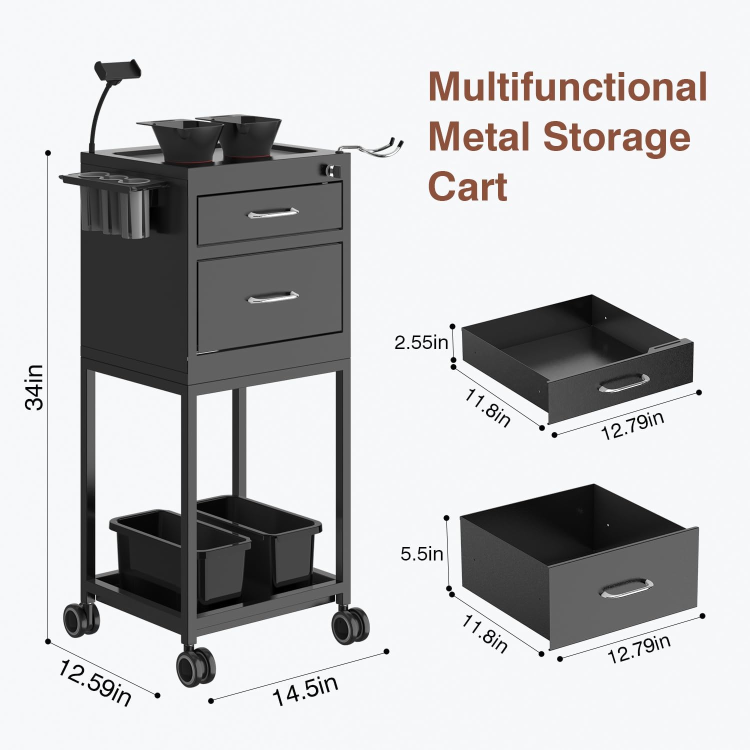 Salon Cart Lockable Metal Storage Cart Salon Trolley with Wheels Sturdy Rolling Cart, High End Trolley with 2 Magnetic Bowls for Salon, Tattoo, and Barber