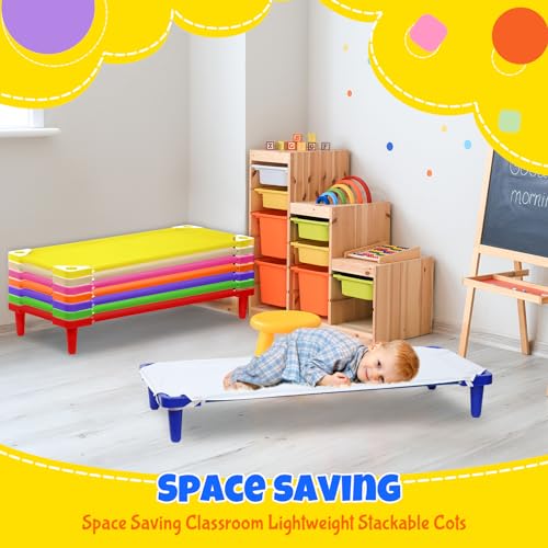 16 Pcs Daycare Cots with Sheets Set for Kids 52" L x 23" W Stackable Toddler Nap Cots and Daycare Sheets for Classroom Preschool Nursery(Orange, Purple, Rose Red, Beige)