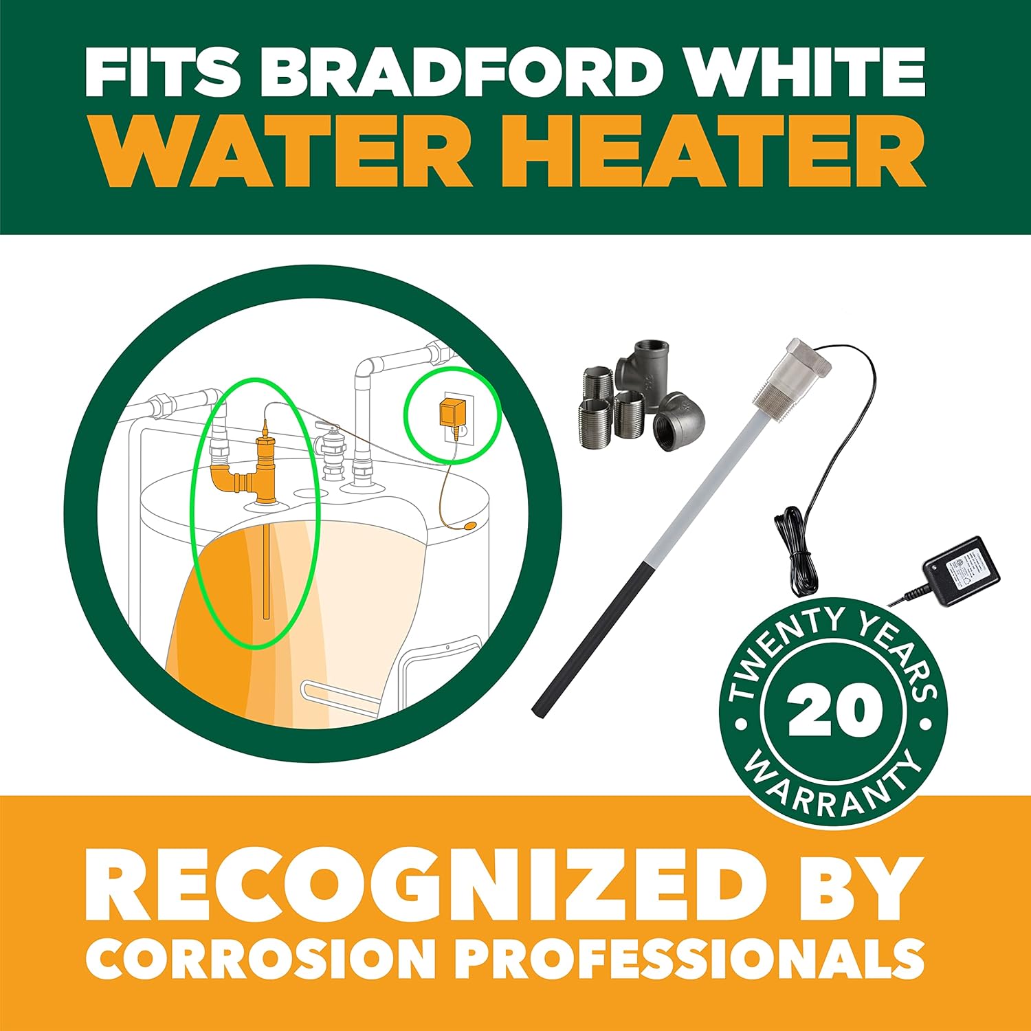 Corro-Protec? Powered Anode Rod for Water Heater, 20-Year Warranty, Eliminates Rotten Egg/Sulfur Smell within 24 hours, Stops Corrosion and Reduces Limescale, Electrical Anode Rod Made of Titanium