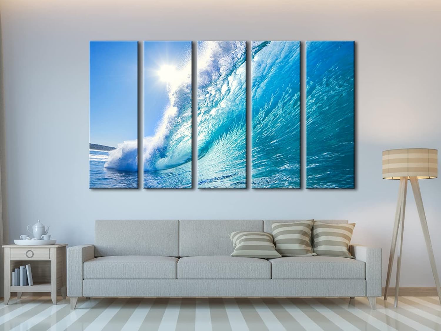 Wieco Art Sea Waves Large 5 Piece Modern Framed Giclee Canvas Prints Seascape Artwork Ocean Beach Pictures Paintings on Canvas Wall Art Ready to Hang for Living Room Bedroom Home Office Decorations