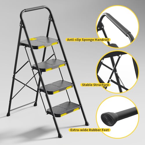 KINGRACK 5 Step Ladder with Tool Platform, Folding Step Stool with Handrails, Sturdy Steel Ladder with Wide Pedal, 800 LBS Portable Safety Ladder for Adults Painting Home Outdoor Garage
