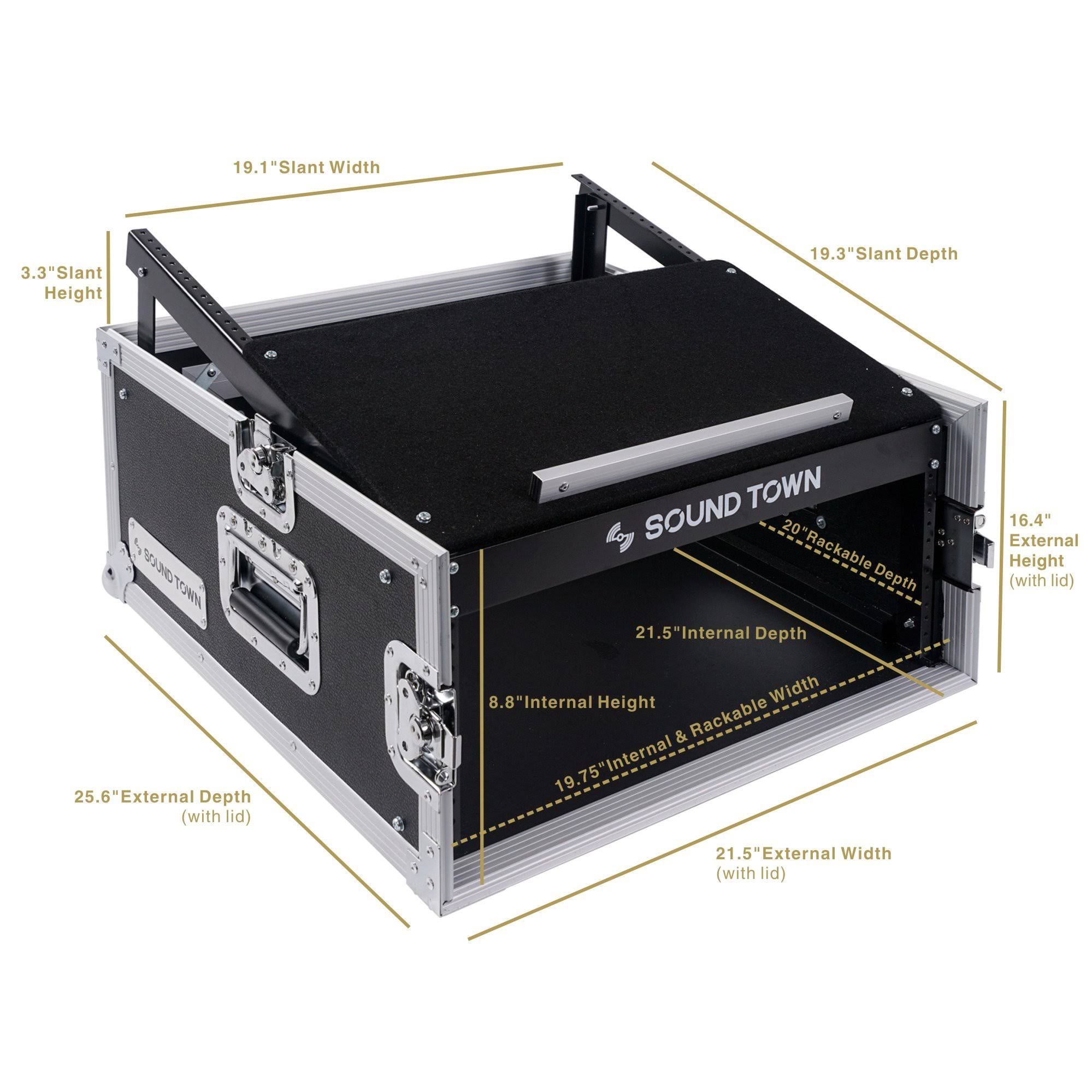 Sound Town 4U PA DJ Rack/Flight/Road Case with 11U Slant Mixer Top, 20 Rackable Depth, 4-Space Size (stmr-4us)