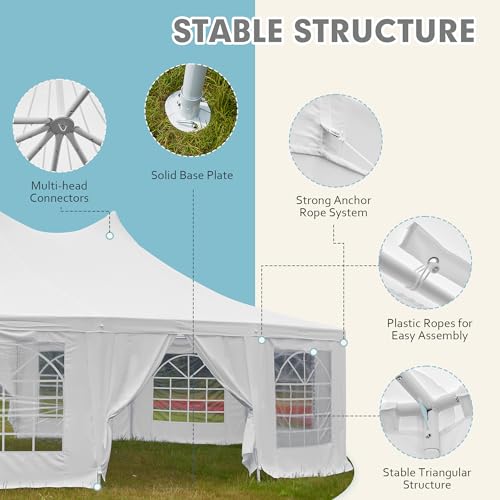 EROMMY 29x23ft Party Tent, White Wedding Tent, Dodecagonal Heavy Duty Canopy with Removable Sidewalls, 10 Church Windows and 2 Pull-Back Doors, Outdoor Gazebo Pavilion Shelter Tent for Party, Event