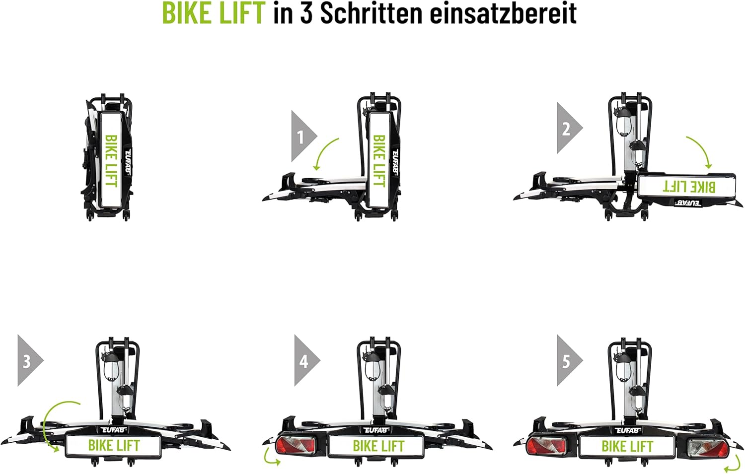 EUFAB 11554 Bicycle Carrier Bike Lift, Suitable for E-Bike, Fully Pre-Assembled, Electric Lower, Theft Protection, for 2 Bikes, for Towing Hitch, 2025 with Strap Frame Holders
