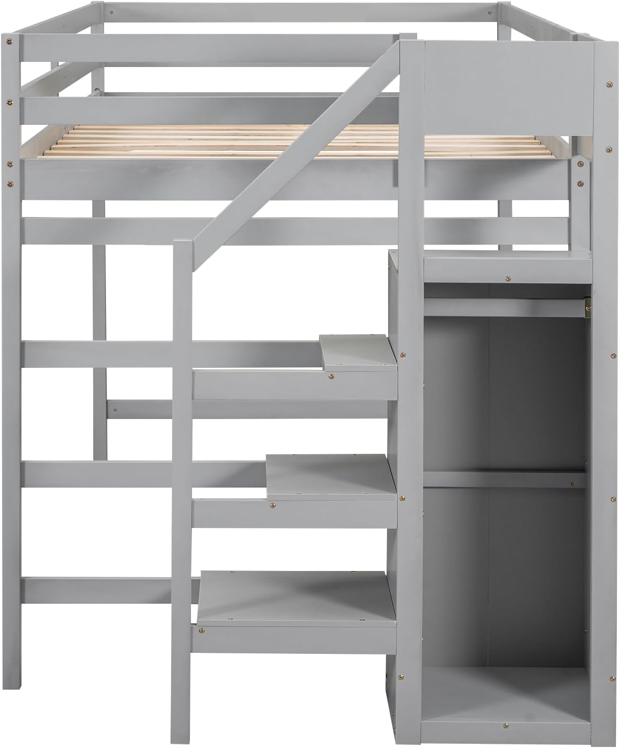 Bellemave Full Size Loft Bed with Storage Staircase and Wardrobe for Clothes,Wood Loft Bed Frame with Stairs for Teens,Kids,Space Saving(Gray)