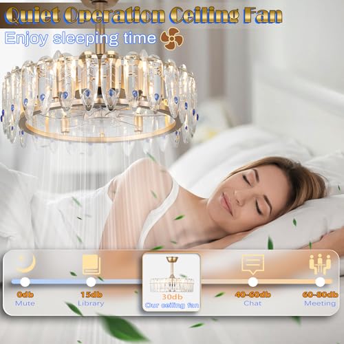 42''Dimmable Fandelier Crystal Chandelier Ceiling Fan Retractable Ceiling Fan with Lights and Remote 6 Speed, 3 Light Change Retractable Blade Chandelier Ceiling Fan for Bedroom(Chrome)