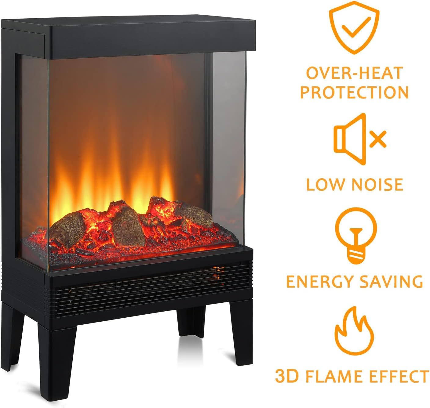 Goaeon 23inch Electric Fireplace Heater, Freestanding Electric Fireplace Stove with 3D Realistic Flame Effect, Three-Sided View Design, Indoor Use, 1000W/1500W