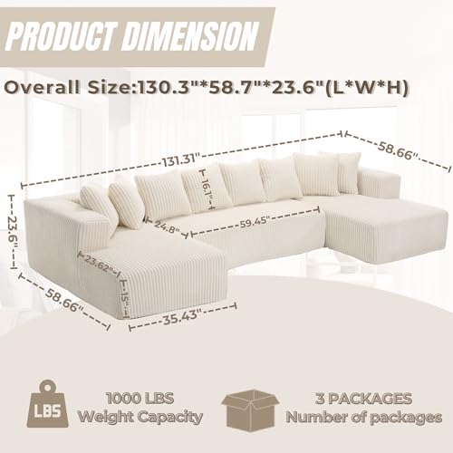 130" Modular Sectional Sofa,U-Shaped Sectional Couches for Living Room,4-Seater Corduroy Upholstered Cloud Couches with 8 Pillows and Deep Seats,Free Combination (Beige)