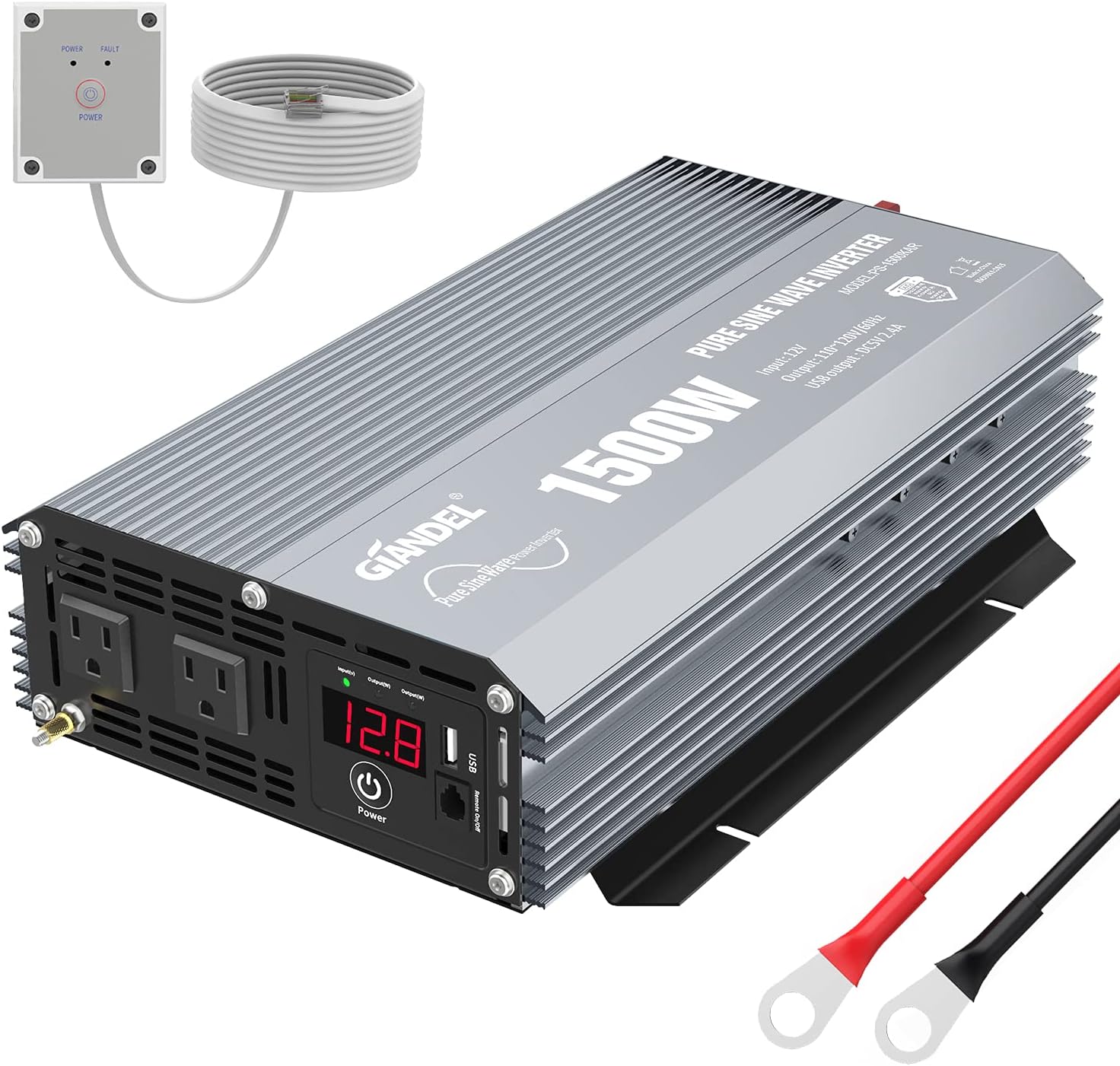 GIANDEL Power Inverter Pure Sine Wave 600Watt 12V DC to 110V 120V with Remote Control Dual AC Outlets and USB Port for RV Car Solar System Emergency