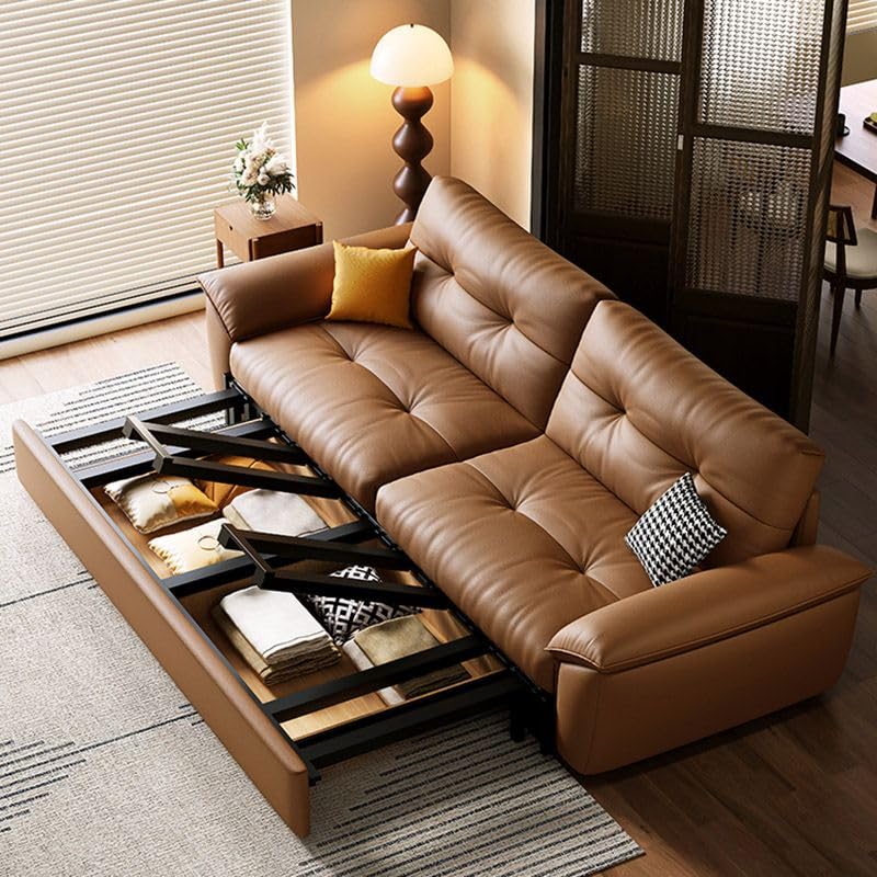 CraftThink Convertible Sleeper Sofa Bed, Modern Brown Genuine Leather Futon Sofa Bed with Tufted Back, Casters, and Pillow Included for Living Room Bedroom, Storage Included 81" L x 33.5" D x 35" H