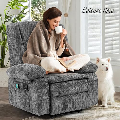 Recliner Chair for Adults with Massage and Heat, Breathable Fabric Reclining Chair with Side Pockets, Comfy Living Room Single Sofa Chair, Dark Grey