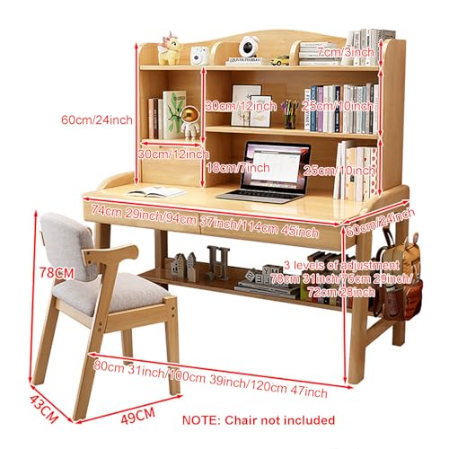 Solid Wood Writing Desk with Drawers and Shelf,Home Office Computer Desk with Hutch,Height Adjustable Student's Study Desk Workstation for Small Spaces(120x60x138cm(47x24x54in), White)