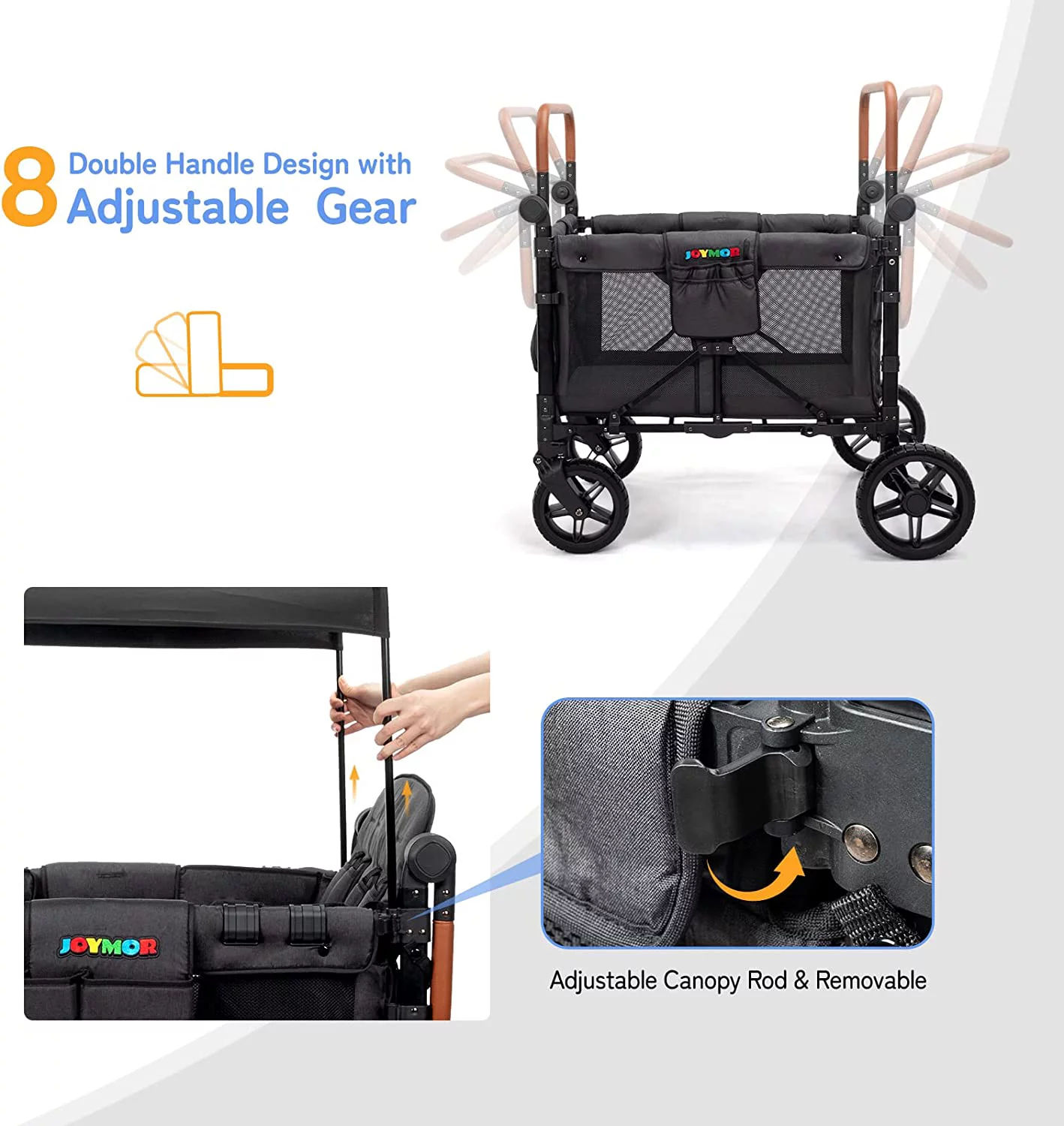 JOYMOR Stroller Wagon for 4 Kids, Luxury 4 Seater Wagon Stroller, Features Rubber Wheel,5-Point Harnesses, Double Side Handles, Adjustable/Removable UV-Protection Canopy