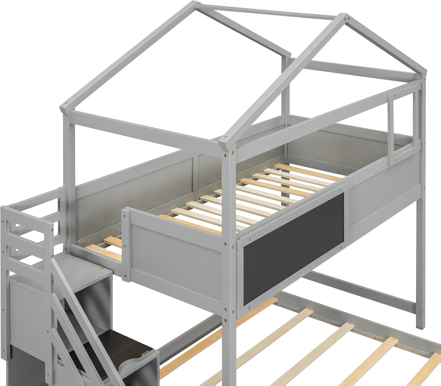 L-Shaped Twin Over Full House Bunk Bed with Storage Stairs and Blackboard, Wood Playhouse Bunk Beds with Roof and Guardrails for Kids Boys Girls Teens, Gray