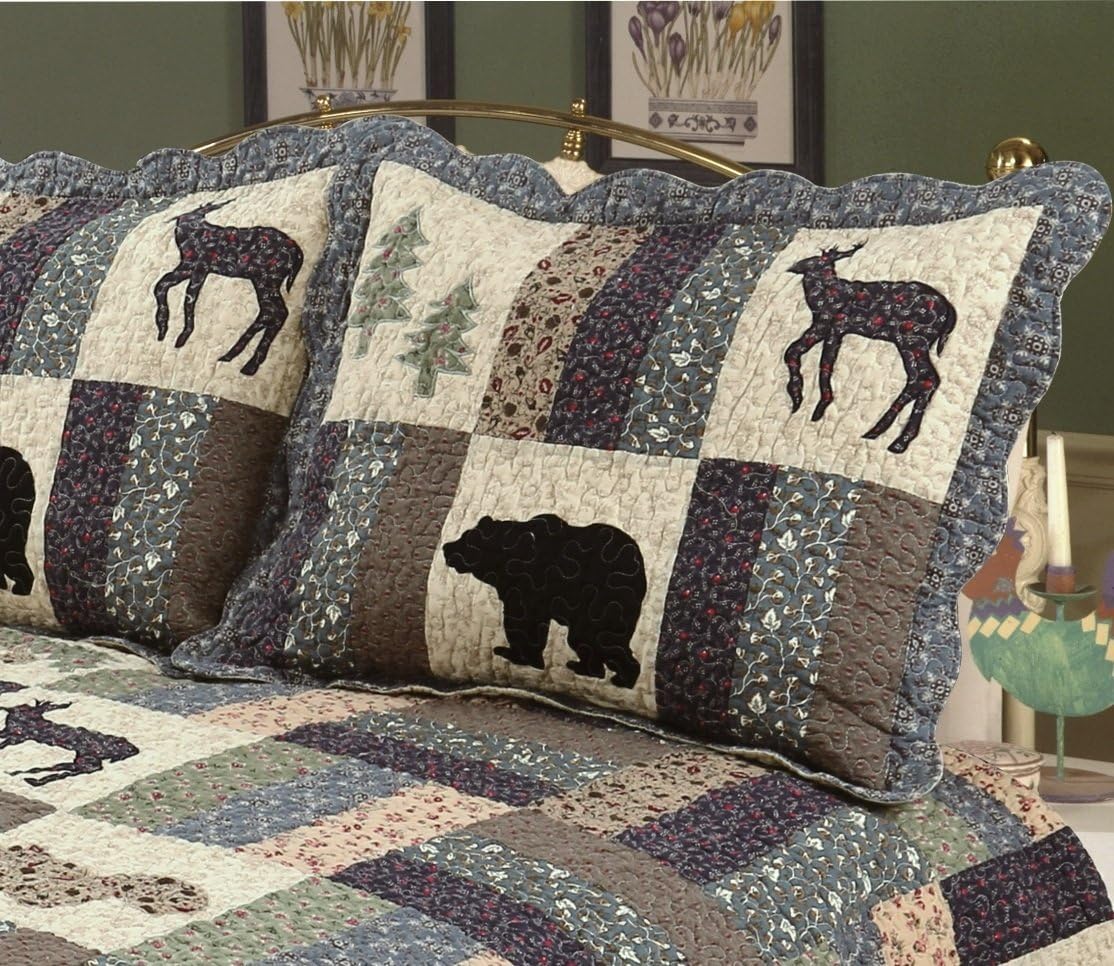 Mountain Highlands Bear Deer Lodge Cabin, All Cotton 3 Piece Queen Quilt Set