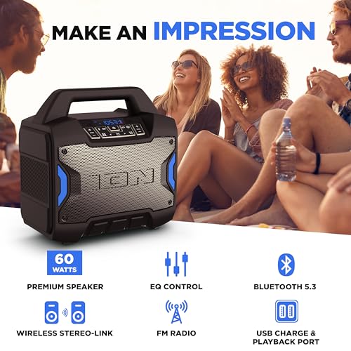 ION Block Rocker - Portable Bluetooth Outdoor Party Speaker with Karaoke Microphone, Battery, 4 Speakers, Radio, USB Port, App, Water-Resistant, 120W