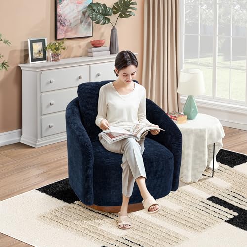 30.3" W Swivel Barrel Chair, Modern Swivel Accent Chairs for Living Room, Chenille 360 Degree Club Chair, Reading Side Chairs for Bedroom Comfy Round Barrel Armchair with Wood Base, Ivory