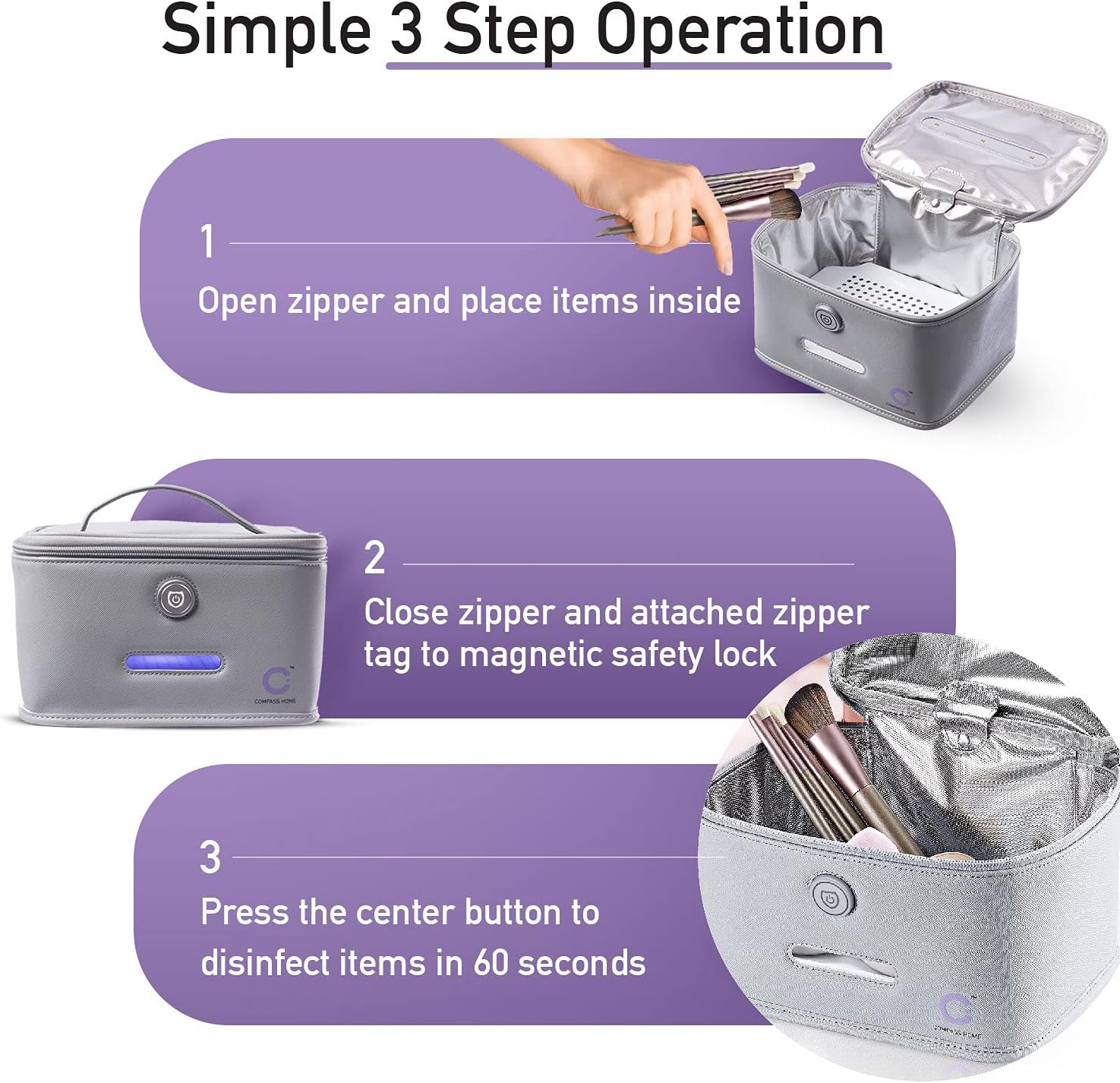 Compass Home UV Light Sanitizer Case, Portable UV-C LED Sterilization Soft Case with Child Lock