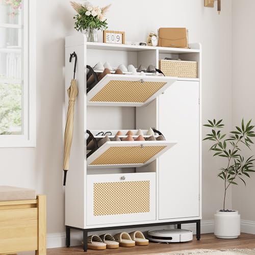 Rattan Shoe Storage Cabinet with 3 Flip Drawers, Freestanding Organizer with Adjustable Shelves for Entryway, Narrow Shoe Rack Cabinet for Hallway, Easy Assembly, Oak