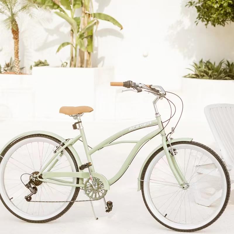ACEGER 24 26 Inch Women Beach Cruiser Bike, Single Speed and 7 Speed, Adult Hybrid Bike Commuter Bicycle, Hi-Ten Steel Frame with Adjustable Handlebar and Saddle, Multiple Colors