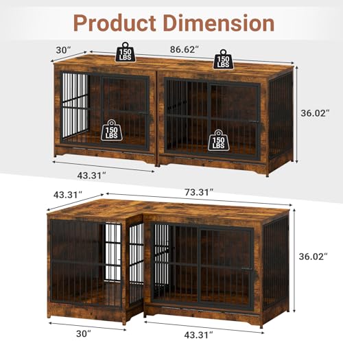 86 Inch Double Dog Crate Furniture with Divider, 4 Combination Forms Large Dog Kennel Furniture for 2 Dogs, Rustic Brown Corner Dog Kennel for Small Medium Large Dogs