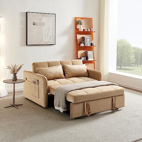 Convertible Sleeper Sofa Chair 3 in 1 Pull-Out Bed, Velvet Loveseat Twins SofaBed for Living Room, Bedroom, Balcony, RV, A-Khaki