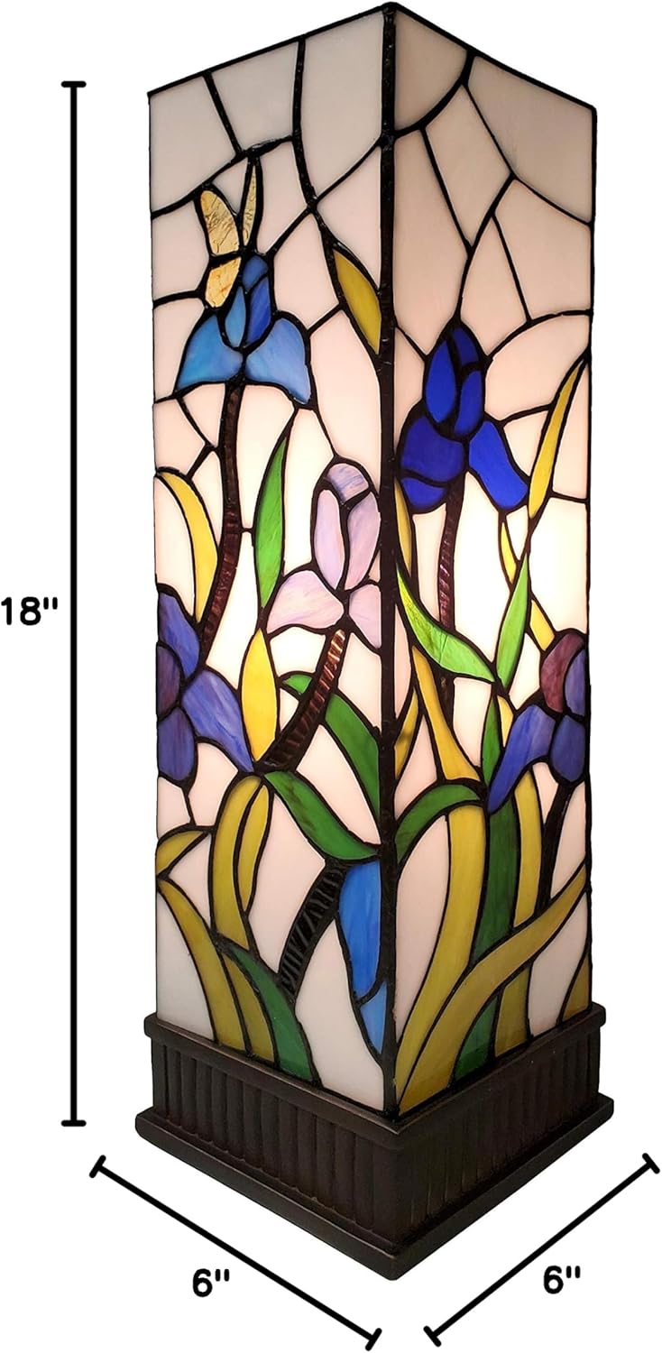 Amora Tiffany Style Table Lamp Banker Blue Green Pink Iris Flower Butterfly Stained Glass Bedside Nightstand Vintage Antique 17.5" Tall 6" Wide Handmade Gift AM1115TL06B Lighting