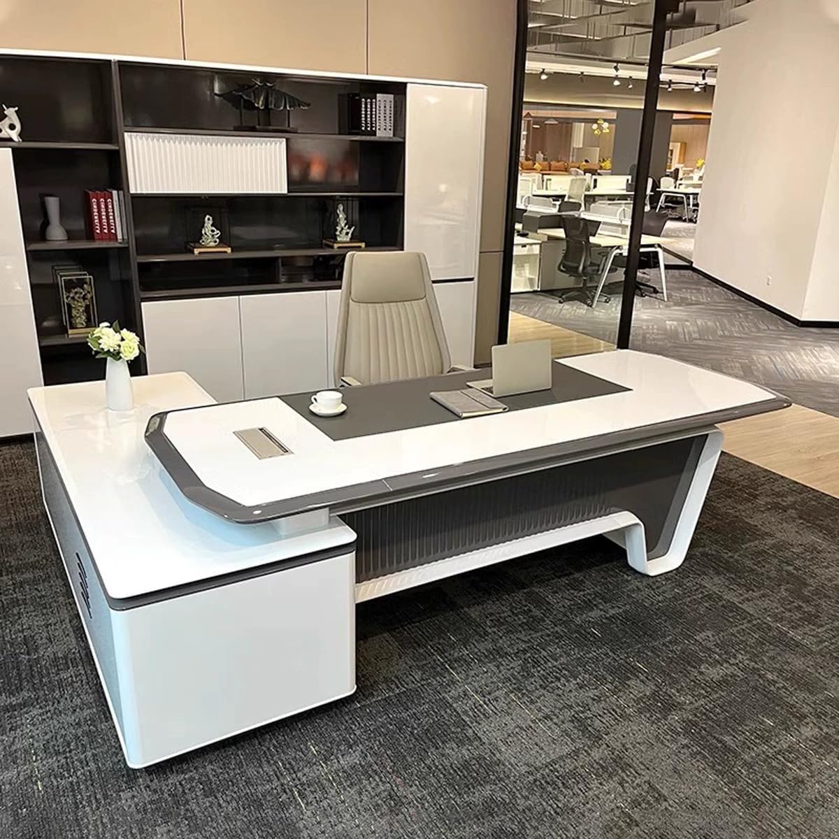 Modern White L-Shape Executive Desk with Cable Management and Built-in Storage, Piano Inspired L-Shaped Workstation Home Office Desk 94.5" L x 31.5" W x 29.5" H, Right Hand Return