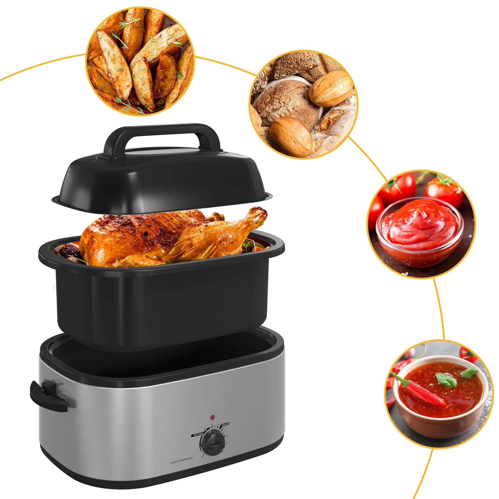 RoyalCraft 22 Quart Electric Roaster Oven with Visible & Self-Basting Lid, Stainless Steel, Silver