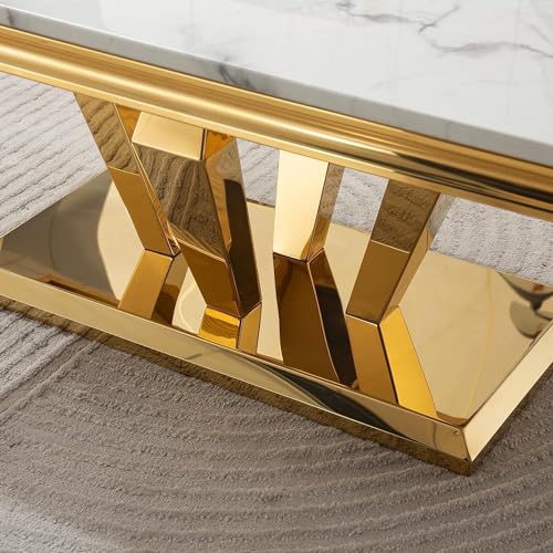 4 Piece Living Room Table Set, Faux Marble Coffee Table, Gold Console Table and 2 Gold End Tables, Rectangular Luxury Gold Coffee Table Set of 4 with Stainless Steel Diamond-Shaped Base