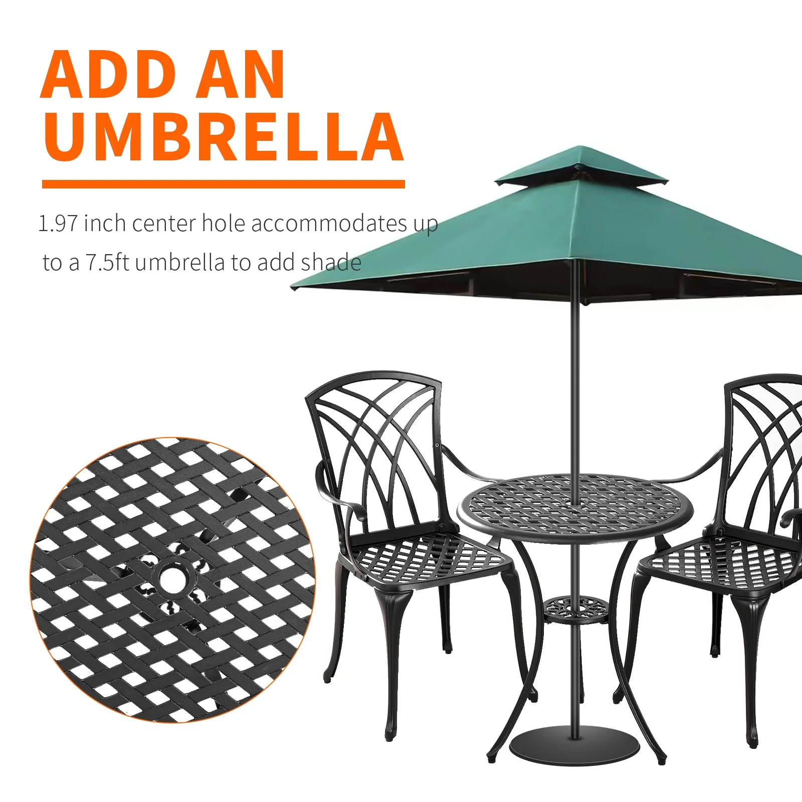 Withniture 3 Piece Patio Bistro Set Cast Aluminum Bistro Table Set Outdoor Patio Furniture with Umbrella Hole for Patio Balcony, Black