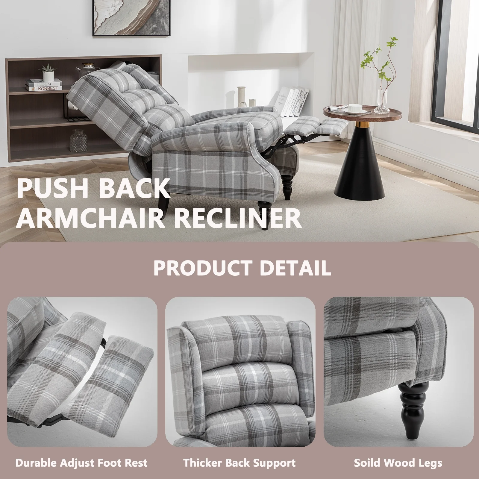 Upholstered Wingback Recliner Chair, Plaid Recliner Chair Armchair Adjustable Footrest Push Back Reclining Sofa, Mid Century Modern Lounge Armchair for Living Room, Bedroom, Reading -- Natural