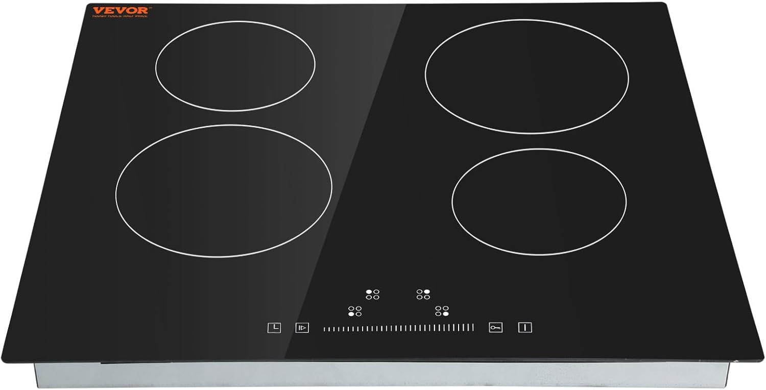 VEVOR Built in Electric Stove Top, 24 inch 4 Burners, 240V Glass Radiant Cooktop with Sensor Touch Control, Timer & Child Lock Included, 9 Power Levels for Simmer Steam Slow Cook Fry