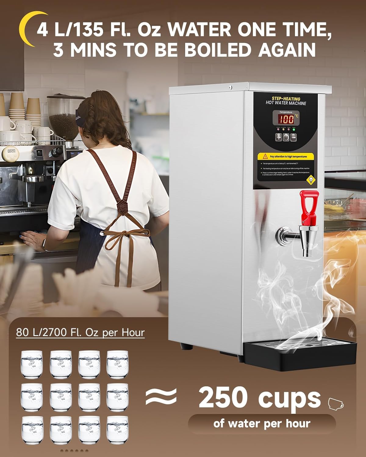 Step-Heating Commercial Hot Water Dispenser 17-Min Fast Ready Water Boiler Machine Large Capacity 80L/H for Tea Boba Tea Milk Tea Restaurant Hotel