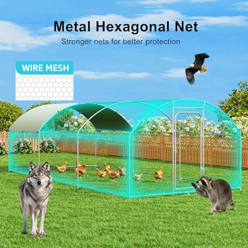 Large Metal Chicken Coop Walk-in Poultry Cage Chicken Run Pen Dog Kennel with Waterproof and Anti-Ultraviolet Cover for Outdoor Farm Use(9.8' L x 19.7' W x 6.4' H)