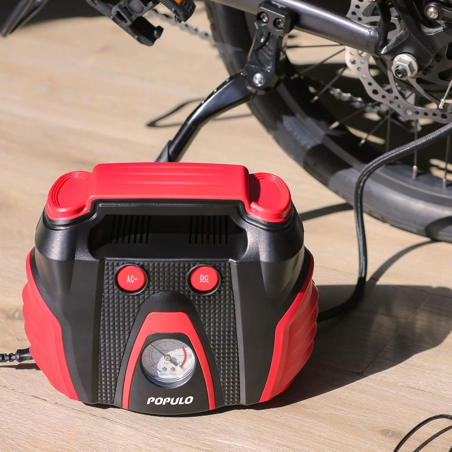 POPULO Tire Inflator Air Compressor, AC/DC Portable Air Compressor Pump for Car (12V DC) and Home (120V AC), Car Tire Inflator with Pressure Gauge for Bike, Motorcycle, Ball and Other Inflatables