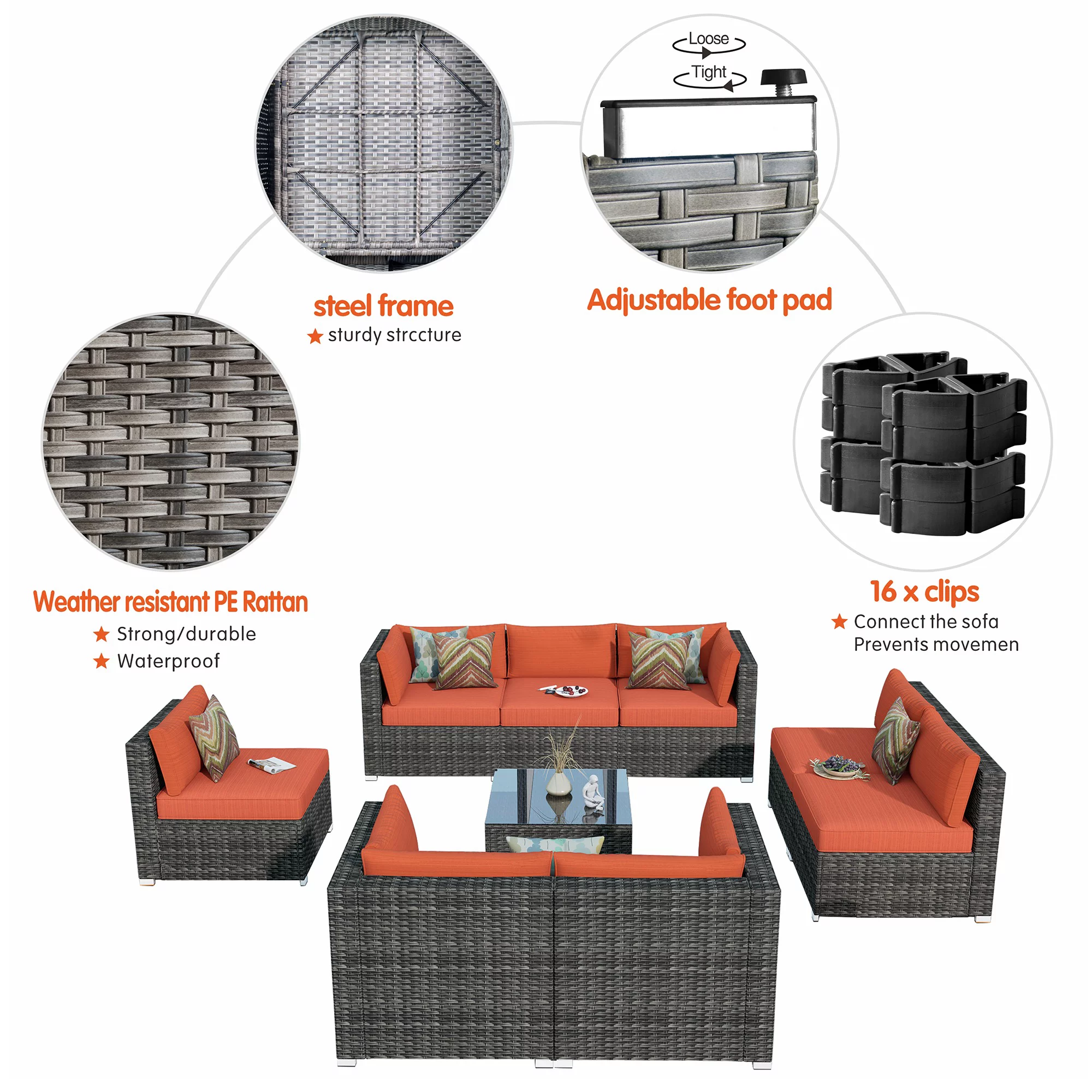 Ovios 9 Piece Outdoor Furniture All Weather Wicker Patio Conversation Sectional Sofa Set with Coffee Table for Garden Backyard (Orange Red)