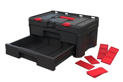 Keter Stack-n-Roll Modular Tools Organizer for Garage Storage and DIY, 3 Piece Resin Rolling Tool Box System for Small Parts, Black