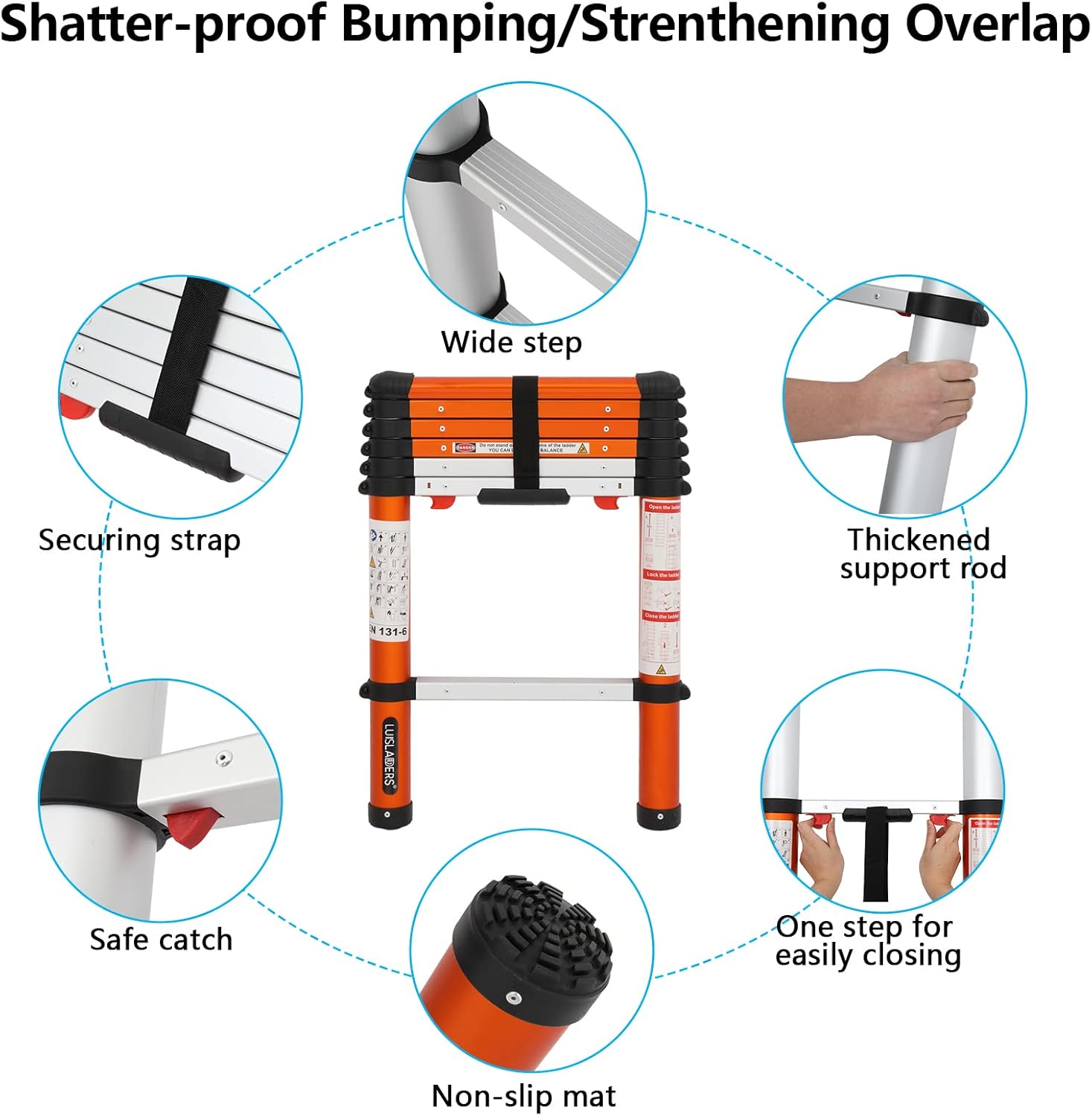 LUISLADDERS Telescoping Ladder Multi-Use Telescopic Extension Ladder One-Button Retraction Anti-Pinch and Anti-Slip 330 Lb Capacity (6.5 Feet)